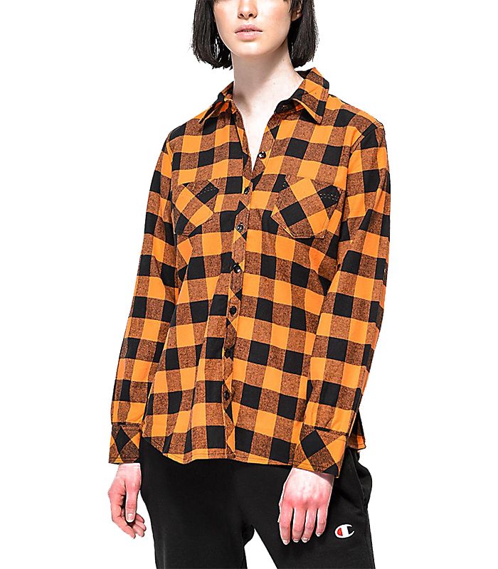 Women Orange Plaid Flannel Shirts