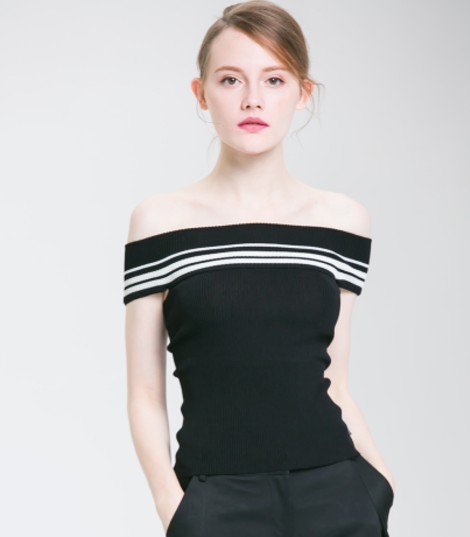 Lady Striped Knitting Boat Off Shoulder Top in Wholesale