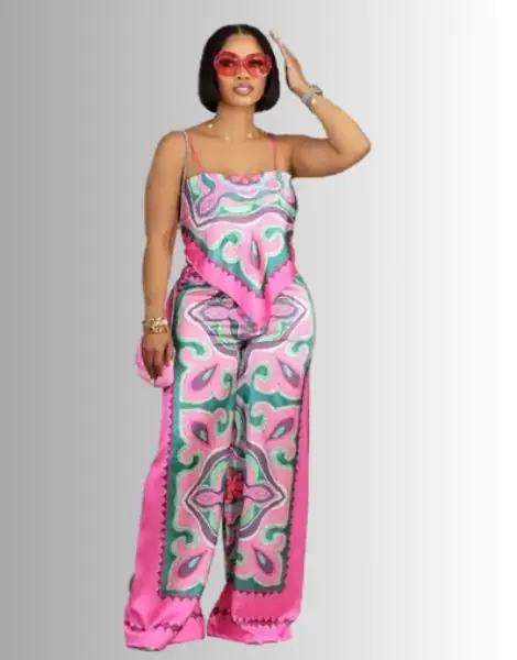 Floral Print Sexy Halter Top Straight Wide Leg Pants 2 Piece Sets