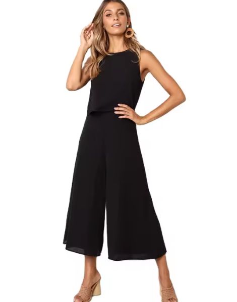 Black Sleeveless Wide-Leg Summer Jumpsuit
