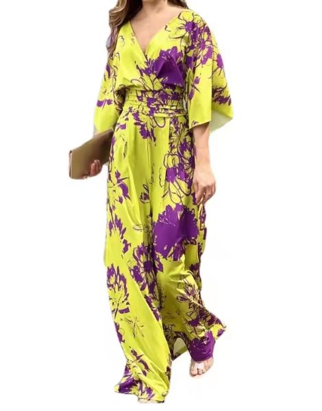 Custom Women Printing Loose Bat Sleeve High Waist Jumpsuit