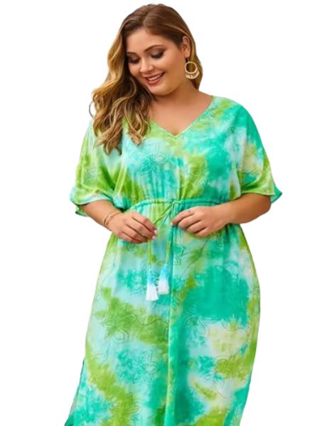 Green Plus Size Tie Dye Lace Up Split Fork Summer Dress