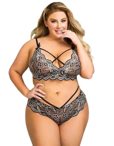 Plus Size Lace Perspective Floral Underwear Set