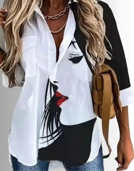 Printed Long-Sleeve Loose Blouse