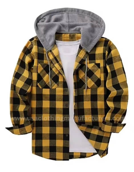 Wholesale Men’s Long Sleeve Plaid Hooded Flannel Shirt Manufacturer