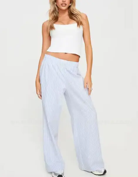 Wholesale 100% Cotton Custom Logo Causal Loose Blue Stripe Long Pant