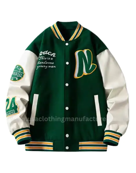 Wholesale Green Puffer Patchwork Letterman Jacket for Men