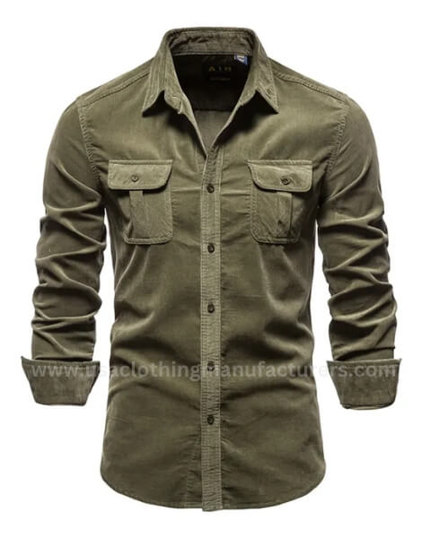 Long Sleeves Cotton Green Corduroy Button-Up Shirt