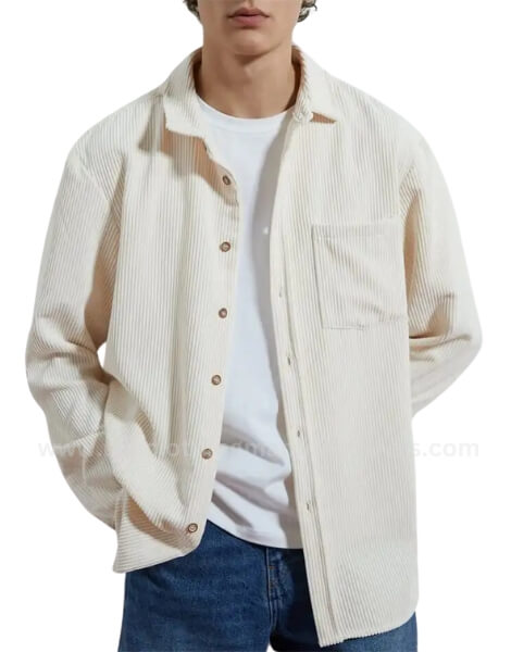 White Long Sleeve Corduroy Overshirt for Men
