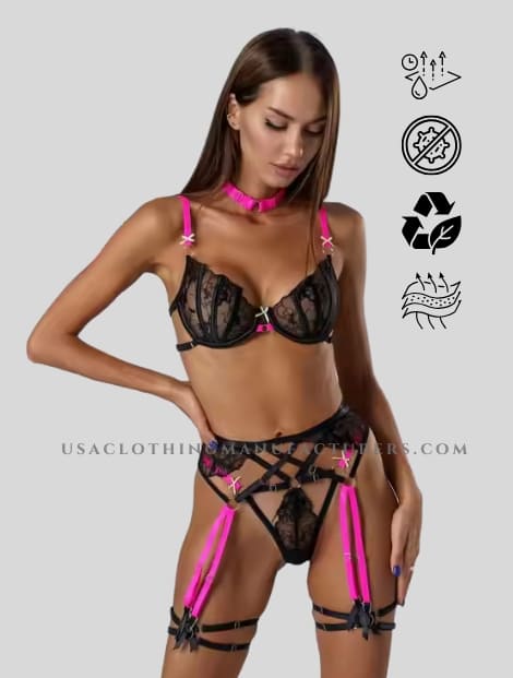 Black & Pink Three-Piece Lingerie Set Manufacturer