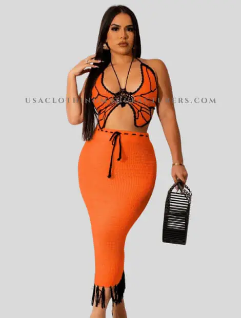 Orange Crochet Butterfly Top With Skirt Supplier