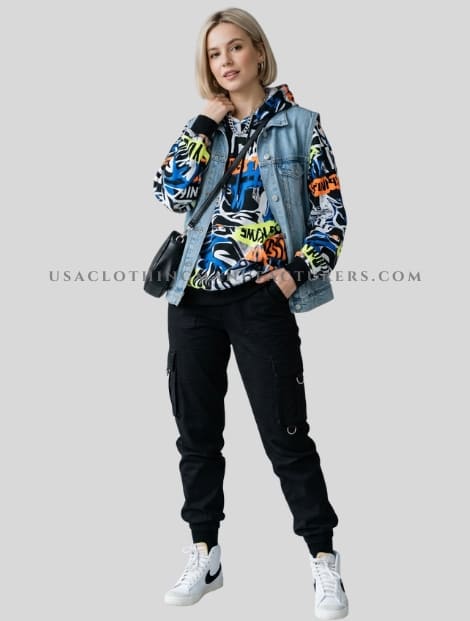 graffiti art hoodie with denim jacket in bulk
