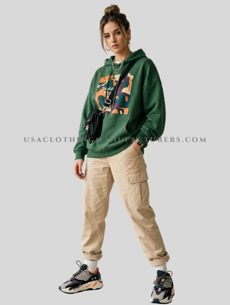 green graphic printed hoodie for women manufacturer