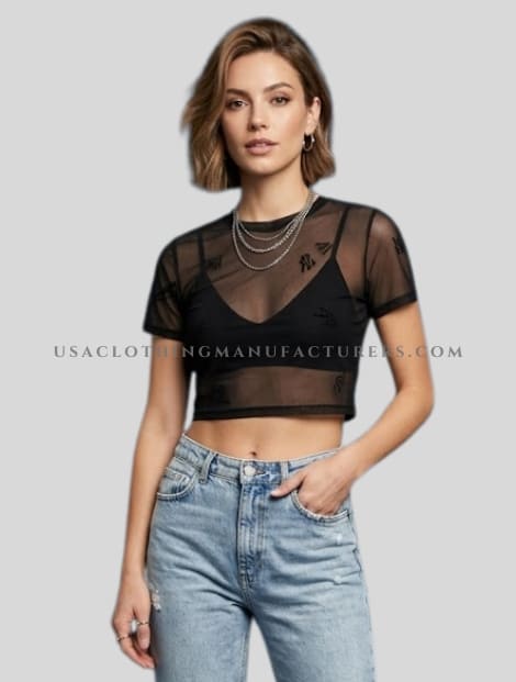Black Sheer Crew Neck Crop Top in Bulk black sheer crew neck crop top vendor