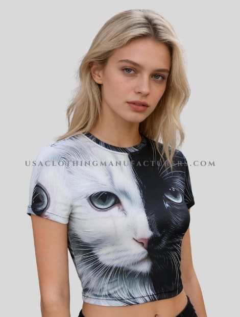 Black And White Cat Print Y2K Crop Top Supplier black and white cat print y2k crop top in bulk