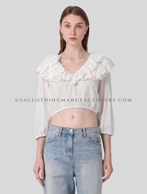 white cotton ruffle neck crop top supplier