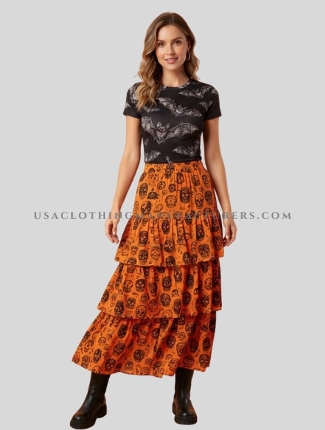 wholesale bat printed top with skull printed ruffle skirt